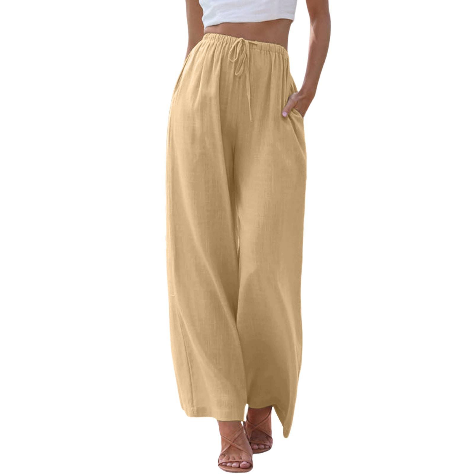 Generic Womens Linen Elastic Band Summer 2024 Wide Leg Pants Casual Fashion Solid Wide Leg Beach Pants with