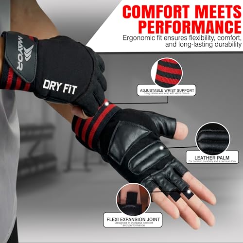 Image of Mayor Premium Dryfit Gym Gloves for Men & Women with Wrist Support Accessories for Weightlifting, Training, Exercise, Cycling Gloves, Bike Riding Gloves, Polycotton Blend (Red /Black)