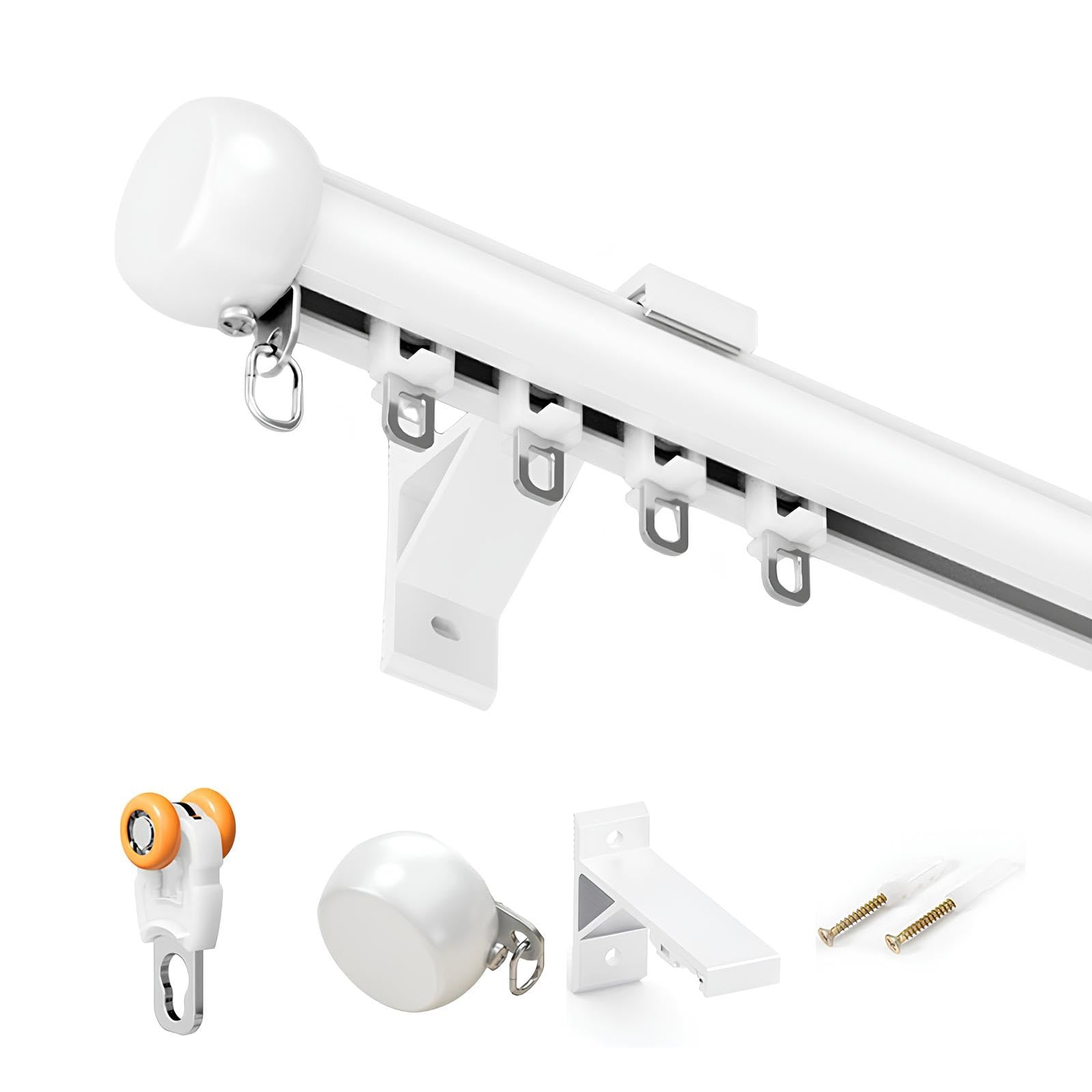 Xuqqu White Heavy Duty Aluminum Curtain Track System, Wall Mounted Spliced Curtain Rods For Windows, Single Curtain Rail Pole With Silent Gliding Wheels & Decorative End Caps(,120Cm/3.94Ft)