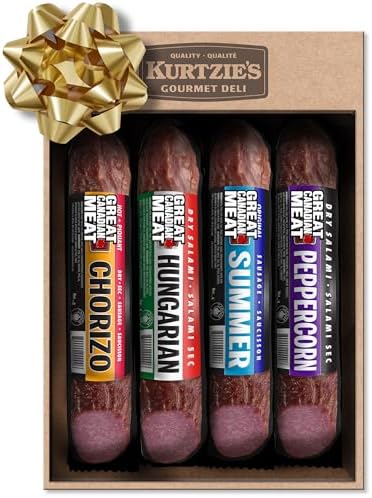 Gourmet Salami Sampler Gift Box – 4 Flavours: Peppercorn, Chorizo, Hungarian, Summer Sausage – Gluten-Free Salami Sticks for Charcuterie Boards, Meat Lovers, High-Protein Snacks – Made in Canada by Great Canadian Meat