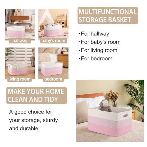 Image of OIAHOMY Large Blanket Basket, 22 inchx17 inchx12 inch Rectangle Woven Baskets, Nursery Blanket Storage Living Room, Toy Storage With Handle, Large Baskets for Organizing - Pink /White