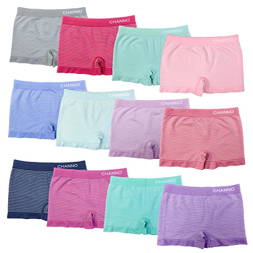 Channo Boxershorts für Mädchen, Nylon, einfarbig, nahtloses Modell, elastisch, weiche Mikrofaser, 12 Stück, Pack mit Streifen A, 12-14 Jahre
