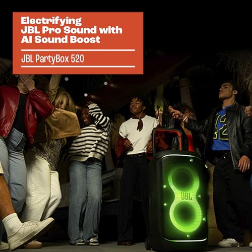JBL PartyBox 520 - Portable Battery-Powered Party Speaker with AI Sound Boost, Up to 15 Hours of Play time, IPX4 Splash Proof, Multi-Speaker Connection by Auracast, and Telescopic Handle (Black)