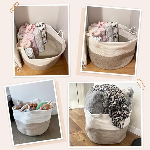 Image of INDRESSME Large Laundry Basket, 21.7'' x 13.8'' Cotton Rope Blanket Basket Living Room Toy Baskets Storage Kids, Woven Baskets for Dirty Clothes, Pillows, Towel, 90L Light Brown