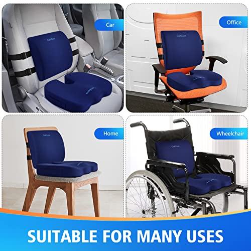 Seat Cushion, Lumbar Support Pillow with Adjustable Strap-Chair Cushions for Sciatica Pain Relief-with Washable Cover Memory Foam for Car, Travel and Wheelchair-Blue