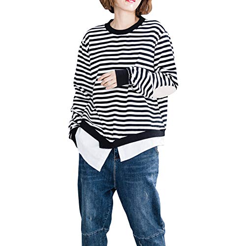 ellazhu Women Long Sleeve Black-White Striped Sweater Pullover Sweatshirt GA1564 Stripe