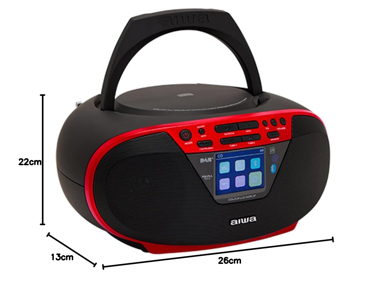 Aiwa BBTU-500DAB/RD DAB+ tragbares CD-Radio mit Farbdisplay, 6,1 cm (2,4 Zoll), Bluetooth 5.0, USB, CD/CDR/RW/MP3, Dab+, Farbe: Rot