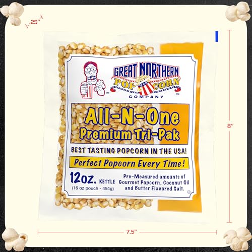 Image of 12oz Popcorn Machine Popcorn Packets - All-in-One Movie Theater Style Popcorn Kernels, Salt, and Oil Packs by Great Northern Popcorn (12 Pack)