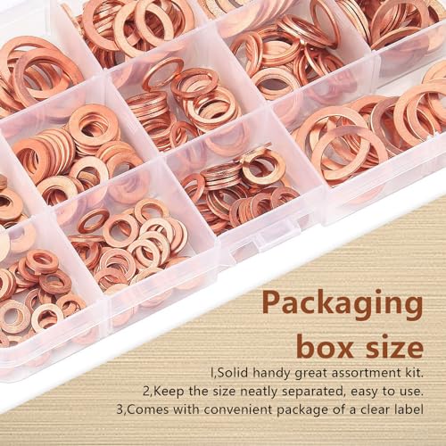 Image of 200 PCS Car Flat Crushed Copper Gasket Classification Kit, M5 M6 M8 M10 M12 M14 9 Specifications Copper Metric Washers, Oil Pan Plug Sealing Gaskets, Universal Accessories for Most Car (Gold)