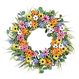 Dremisland 22 Inch Colorful Daisy Wreath Spring Summer Wildflower Wreath with Green Eucalyptus Leaves for Front Door Artificial Floral Wreaths Window Wall Farmhouse Wedding Party Festival Decor