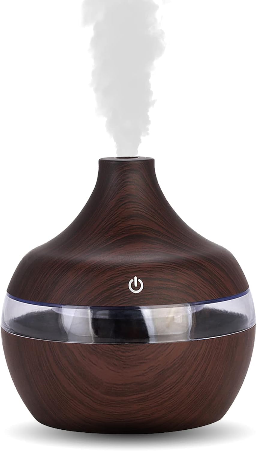 mobigon Wood Cool Mist Ultrasonic Humidifier for Room Moisture, Aroma Diffuser for Home, 300ml Essential Oil Diffuser with 7 Colorful Night Light, Auto Shut-Off, Home, Office, Car (Dark Brown)