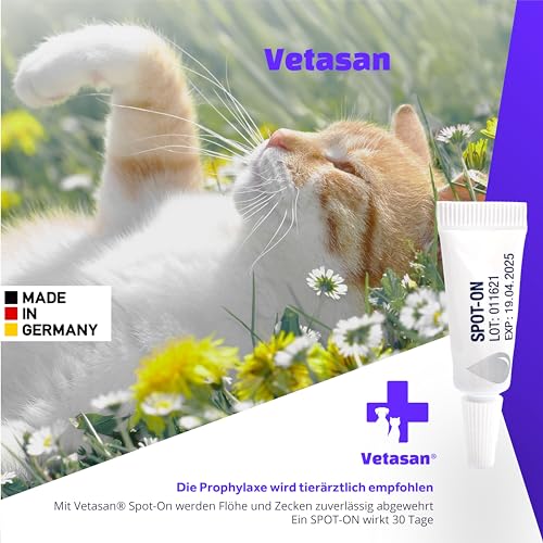 Vetasan Spot-ON für Katzen 1,5-4kg (S) | gegen Flöhe & Zecken | 3 Monate Schutz | ohne Chemie | Zeckenmittel für Katzen | Floh- und Zeckenschutz für Katze