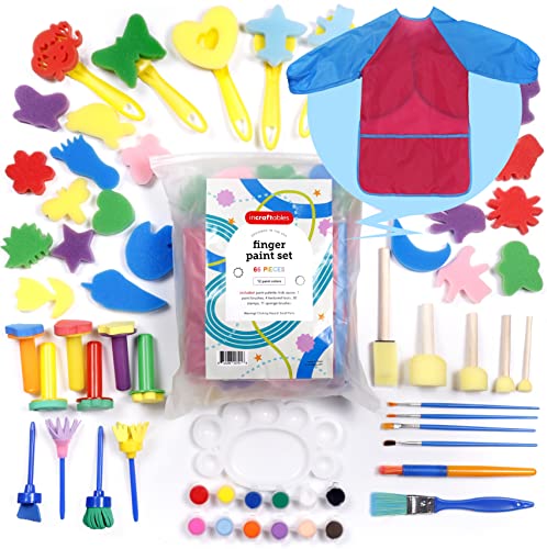 Incraftables Washable Finger Paint Set for Kids – 65 Piece Non Toxic Washable Paint for Toddlers - Includes Apron, Sponges, Brushes, Paint Palette, Textured Tools & Stamps