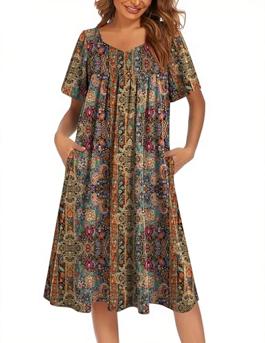 Image of Ekouaer Women's House Dress - Pleated Nightgown with Short Sleeves & Pockets