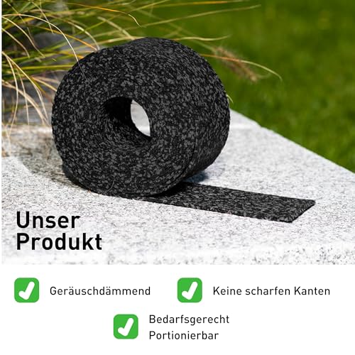 Terrassenpads auf Rolle (20m x 60mm x 3mm) - Gummigranulat, Bautenschutzmatte, Unterlegpads, Terrassenbau - Streifen Gummipads als Unterlage für WPC Terrassendielen und Terrassenplatten - 20Mx60x3mm