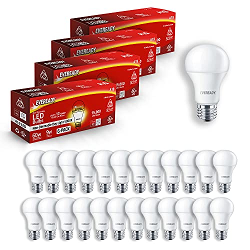 EVEREADY Led Light Bulbs, Non-Dimmable, 60 Watt Equivalent Light Bulbs (9W Led Bulb), 800 Lumens, 5000K Daylight Color, A19, E26 Base Led Replacement for Halogen Bulb, UL Listed - 24 Pack