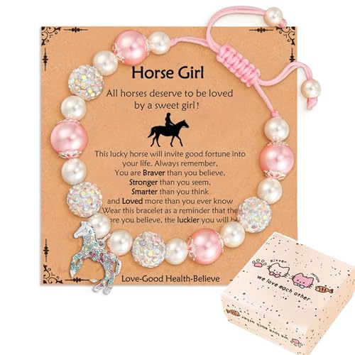 Rainway Pulsera de caballos para mujer, perlas rosas, brillantes, pulseras con colgante de caballo, pulseras para amantes de los caballos, regalos de joyería para mujeres, incluye tarjeta de