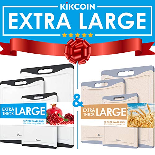 Extra Large Cutting Boards, Plastic Cutting Board for Kitchen Dishwasher Safe Non Slip Chopping Board Set of 3 with Juice Grooves, Easy Grip Handle, Black and Wheat Straw