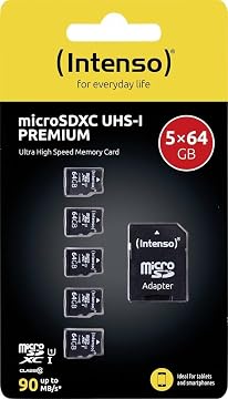 Intenso Premium microSDXC - Tarjeta de Memoria (5 Unidades, 64 GB, Clase 10, UHS-I, Incluye Adaptador SD), Color Negro