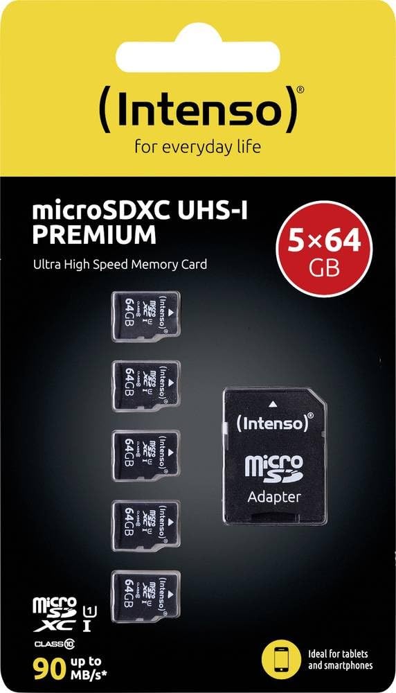 Intenso Premium microSDXC - Tarjeta de Memoria (5 Unidades, 64 GB, Clase 10, UHS-I, Incluye Adaptador SD), Color Negro
