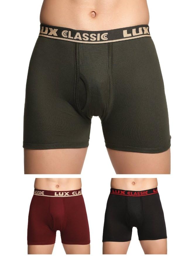 Lux Classic Men's Outer Elastic Trunks - Pack of 3 (Color May Vary) | Premium 100% Cotton | Ultimate Comfort Breathable, Soft & Durable | Everyday Essential Lux Underwear