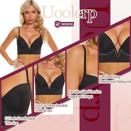 Image of Women Low Back Bras-Invisible Backless Bra-Seamless Secret Plunge No Show Bra Multiway Low Cut Deep-V Halter Bras