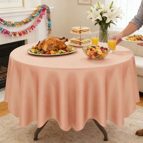 Image of CIEOVO 12 Pcs 84 Inch Rose Gold Round Plastic Disposable Table Cloth Waterproof Tablecloth Circle Table Covers for Valentine's Day Bridal Wedding Birthday Gender Reveal Party Decorations