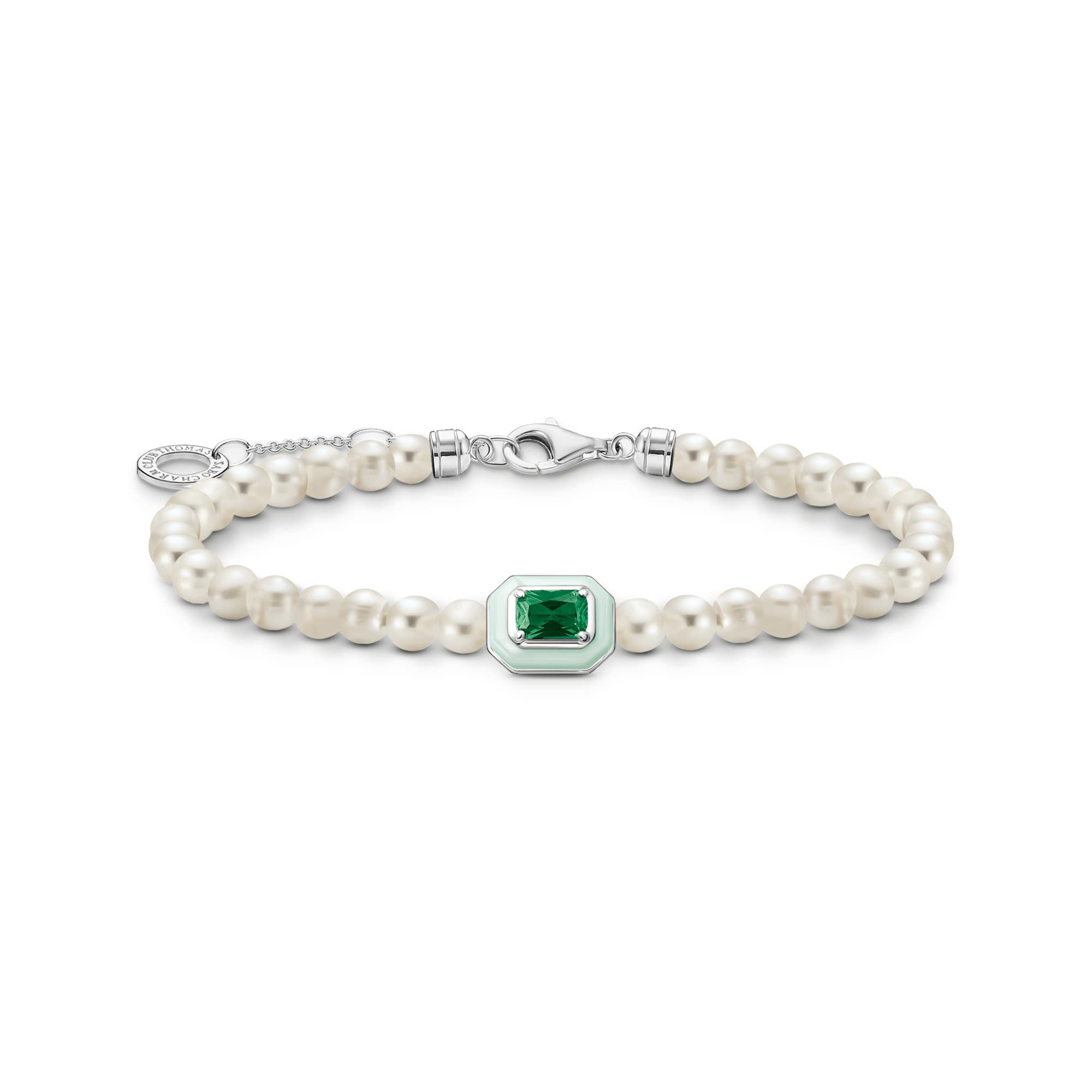 THOMAS SABO A2096-082-6-L19v - Pulsera de plata de ley 925 con perlas blancas y piedra verde esmaltada en frío, 16-19 cm, 16-19 cm, Plata de ley, Circonita cúbica