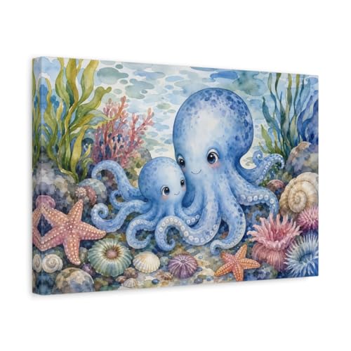 Impression sur toile pieuvre bleue 45x30 cm pour décoration murale de nursery