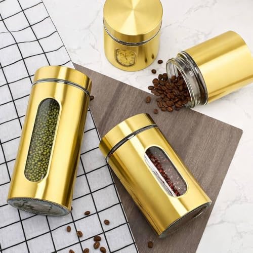 Image of Electric Kettle (1.8 ltr,Auto shut off) with 2 x 750ml Glass Storage Jars | Gold Metal Covered Containers with Clear Window | Premium Kitchen Combo for Tea, Coffee, Sugar & Dry Fruits