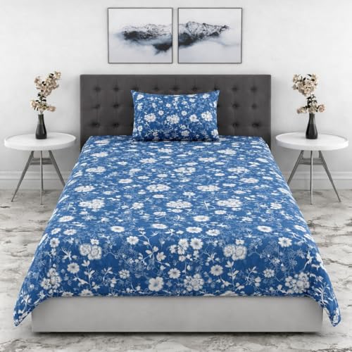Image of DECOR2ADMIRE 300 Thread Count Premium Cotton Printed Single Bedsheet with One Pillow Covers for Home 60 Inches x 90 Inches (Blue Floral, Single 60 inch x 90 inch)