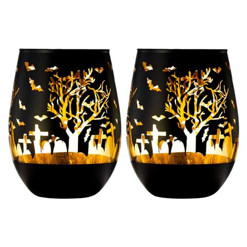 Crystal Stemless Spooky Wine Glasses - Set of 2 - Halloween Themed Vibrant Black & Gold Spooky Ghost Pattern Frosted Glass, Perfect for Themed Gothic Parties, Graveyard Black Gifts for Him Her (16 OZ)