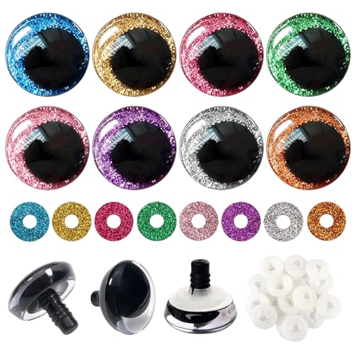 TOAOB 16 Set Glitter Safety Eyes for Amigurumis 30mm Round Crochet Eyes with Washers 8 Colors Doll Eyes for DIY Puppet Bear Stuffed Animals Making