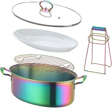 8Qt Stainless Steel Oval Fish Steamer 5 PCS Set 18/8 Premium Heavy Duty With Cooking Pot, Ceramic Pan, Chuck,Vented Glass Lid,Plate clamp for Steaming Fish, Boiling Soup-Rainbow Color