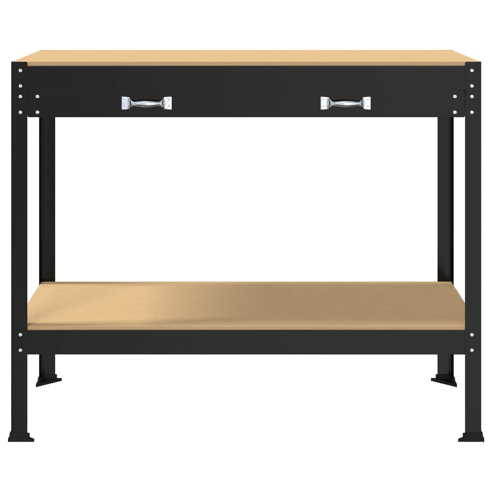 Banco de trabajo negro 114 x 54 x 91 cm de madera contrachapada y metal con cajón, pared perforada y estantes para taller, garaje y sala de ocio
