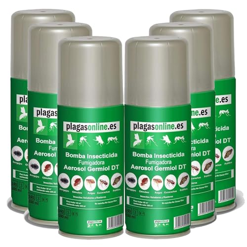 PLAGAS ONLINE Bomba Insecticida Fumigadora anti Chinches, Ácaros, Pulgas, Cucarachas, Mosquitos, Hormigas, Polillas… - Uso interiores - Acción Rápida y Duradera - 100ml (6 uds)