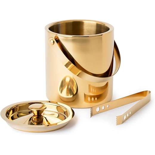 Exclusivish Shiny PVD Gold Stainless Steel Double Walled Ice Bucket with Tong (1.7 Litres) - Anti Tarnish Elegant Travel Accessories, Gifts for Men, Home Bar, Cocktail Set, Perfect Diwali Gift for Men