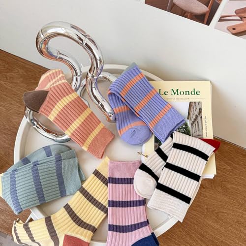 Image of 5 /10 Pairs Retro Style Colorful Striped Socks, Cute Athletic Crew socks for Women
