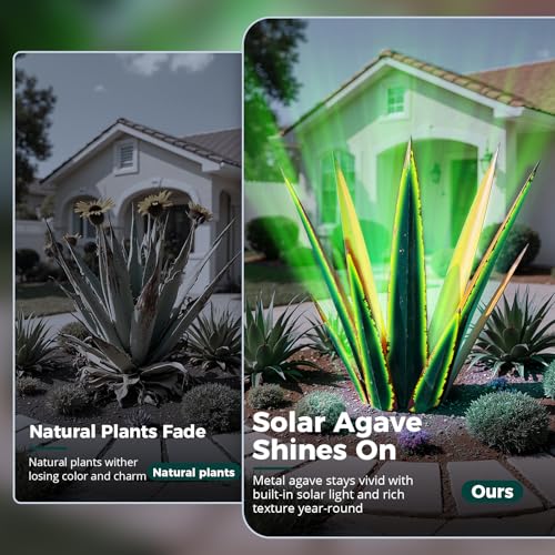 Image of KODIBO 24 inch Metal Agave Plant Outdoor Decor with Solar Light, Vintage Green