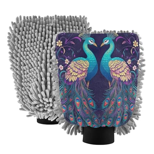 Flradish 2 Pack Beautiful Peacock Car Wash Mitt Chenille Microfiber Lint-Free Scratch Free Ultra-Soft Absorbent Car Wash Mitt 11.8x8.07 Inch