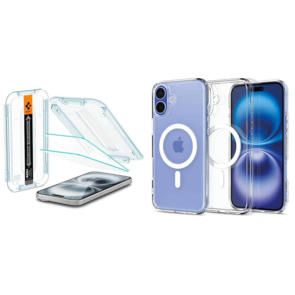 Spigen iPhone 16 Plus/iPhone 15 Plus Cam Ekran Koruyucu Kolay Kurulum Glas.tR EZ Fit Slim HD (2 Adet) - AGL06883 & iPhone 16 Plus Kılıf Ultra Hybrid MagFit MagSafe özellikli White - ACS08075