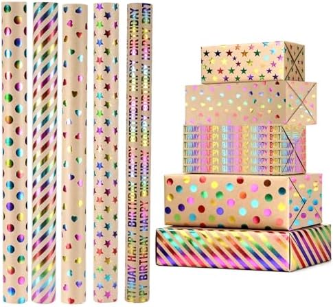 Freyeeti 5 Rollos Papel de Regalo, 43 cm x 300 cm Rollo Papel Kra...