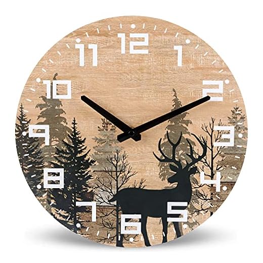NIKKY HOME Cabin Wood Deer Elk Wall Clock Silent Non Ticking - 12 Inch Battery Operated Rustic Farmhouse Forest Wildlife Mountain Lodge Decor Art