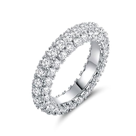 Barzel 3 Row Eternity Ring Wedding Band 18k White Gold Plated Cubic Zirconia Eternity Band Ring Jewelry (Silver, 7)