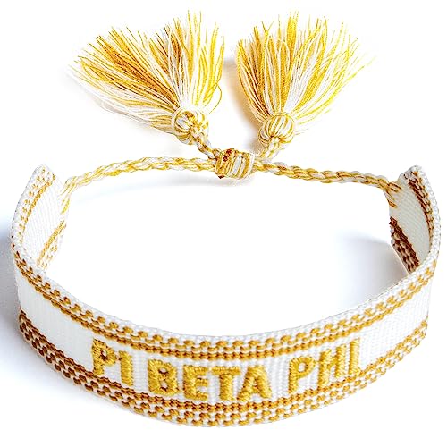 Sorority Shop Pi Beta Phi Bracelet — Woven Bracelet, White and Gold Design with PBP Sorority Name and Tassels, Greek Sorority Jewelry and Big Little Sorority Gifts