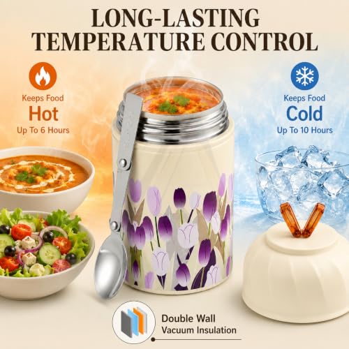 Image of Insulated Stainless Steel 1060ml Lunch Box with 350ml Tumbler | Leakproof Hot Cold Food Container | BPA-Free Cute Tiffin Box for Kids, School, Office, Travel, Picnic (Purple Tulip Floral)