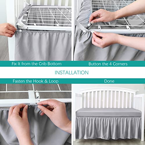 Image of Crib Bed Skirt 14 inch Drop, Fits 28 inchx52 inch Crib, Adjustable, Grey | 4-Sided Design, Adjustable Elastic Straps, Soft Polyester, Fade & Shrink Resistant, Machine Washable, Fits Standard Cribs