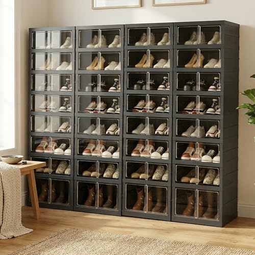 Image of Foldable Shoe Organizer Storage Box Set of 4, Portable Extra Large Folding Shoe Rack for Closet, Shoe Storage Box with Magnetic Transparent Door and Wheels, 9 Layers 18 Grids with 2 Big Grids