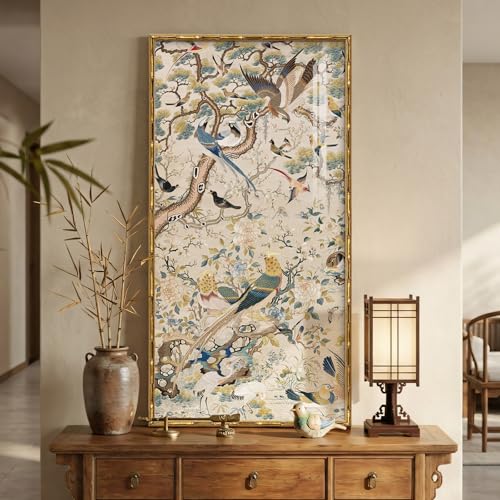 Vintage Framed Chinoiserie Vertical Living Room Wall Art, Retro Neutral