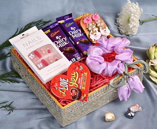 Valentine gift for girlfriend/valentine day gift/valentines day gift-Decorated hamper+2pcs of Cadbury dairy Milk chocolate+Pearl clip set+satin scrunchy with tulip flower+Nail extension kit+Card